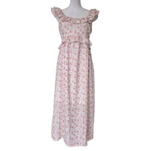 NWT Pink Floral Print Midi Dress Flutter Sleeve Sz L Feminine Romantic Cottage